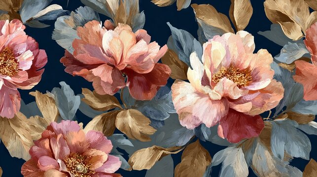 83.Seamless pattern of painted florals with textured petals, flowing leaves, natural composition, painterly style suitable for fabric and wallpaper