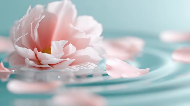 A soft pink flower rests on the water's surface. Light reflects off the gentle waves. Petals surround the flower, creating a simple and natural scene in a peaceful setting