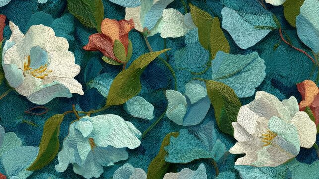 83.Seamless pattern of painted florals with textured petals, flowing leaves, natural composition, painterly style suitable for fabric and wallpaper