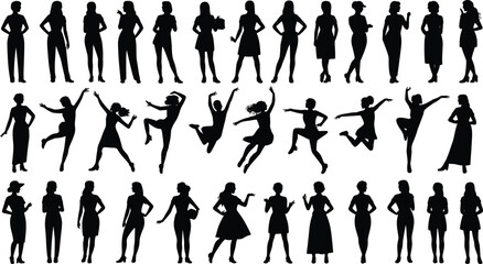 Collection of diverse human silhouette vector illustrations showing standing, walking, dancing, jumping, and expressive body language artwork © Creative Stoker