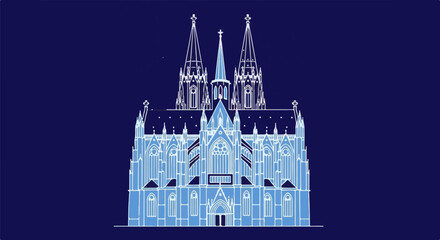 Obraz premium Detailed blue and white line drawing of a grand cathedral with multiple spires