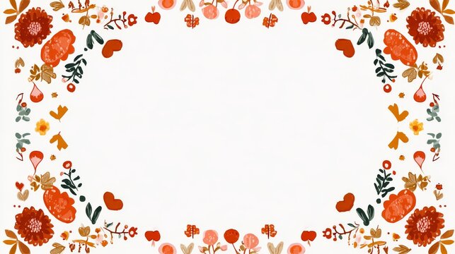 89.Square shaped orange text border adorned with flowers, hearts and leaves, charming flat vector style, colorful and harmonious decorative frame