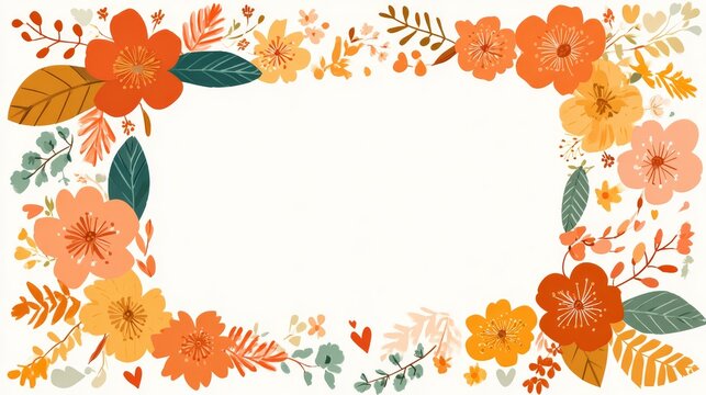 89.Square shaped orange text border adorned with flowers, hearts and leaves, charming flat vector style, colorful and harmonious decorative frame