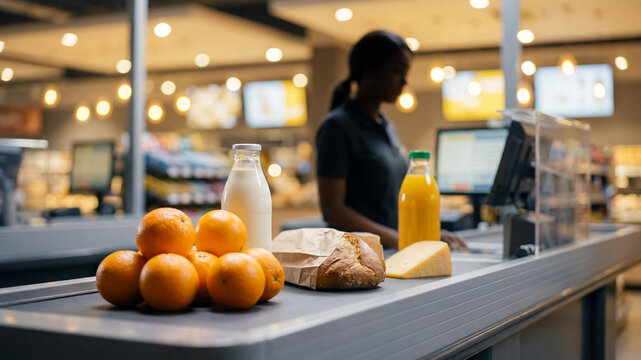 Fresh oranges, milk, bread, cheese, and juice bottles on a supermarket conveyor belt with a blurry African American female cashier in the background. Healthy food shopping scene.