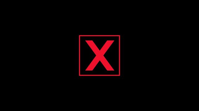Minimalist motion graphics animation of a bold red cross (X mark) inside a square border.  high contrast visual represents error, rejection, failure, or negative feedback.