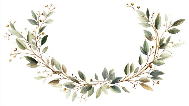96.Wedding-themed floral wreath illustration with organic branch structure and leaf accents, refined vector rendering, light and graceful composition, isolated on white background
