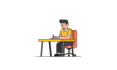 Fototapeta premium Man writing at desk with security shield illustration