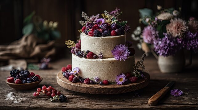 Elegant two tier cake decorated with fresh summer berries and purple flowers on wooden board