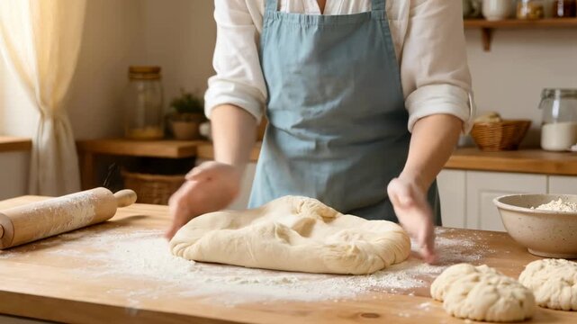 Woman kneading fresh dough on wooden kitchen table with flour and rolling pin during homemade baking preparation process