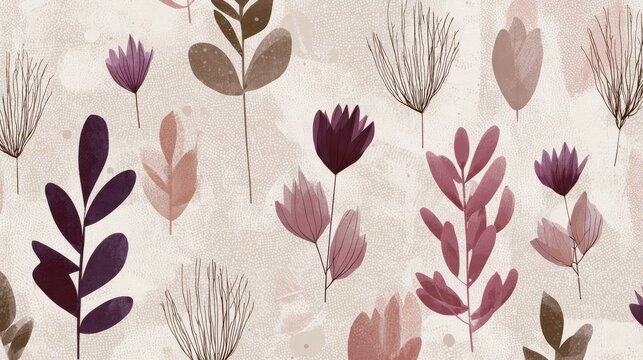 99.Abstract botanical seamless pattern with simplified plant forms, subtle color variations, woven linen texture backdrop, minimalist and cozy aesthetic