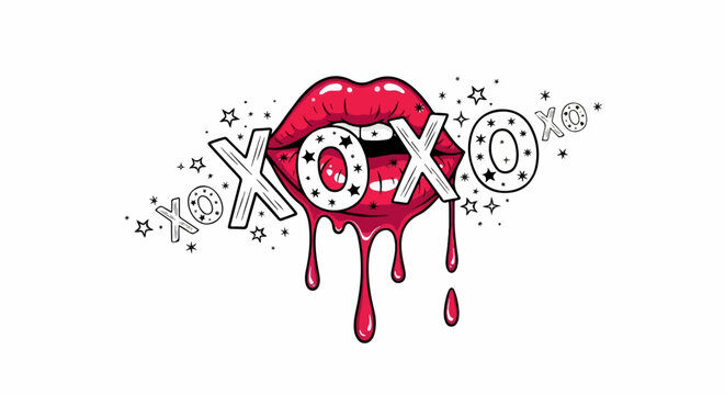 Dripping red lips with XOXO text and starry accents