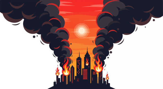 City skyline engulfed in flames and billowing smoke under a fiery sunset