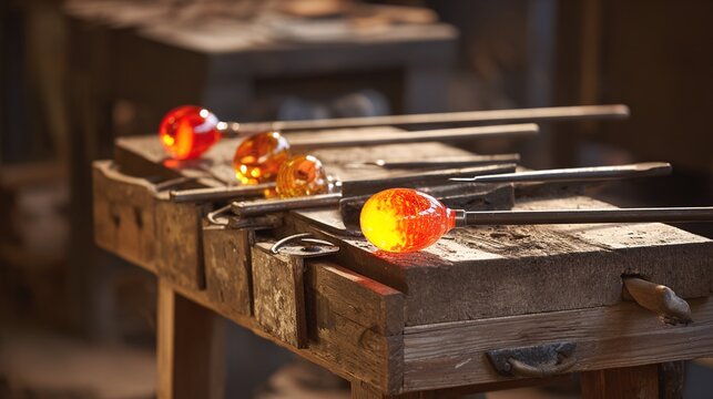 glassblowing. Glassblowing tools arranged on wooden workbench with orange glow and shallow depth of field. safety posters.