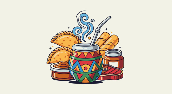 Colorful yerba mate gourd surrounded by empanadas, breadsticks, and steak