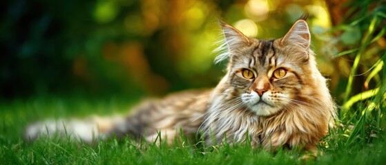 Fototapeta premium The Maine Coon cat lounging in sunlit garden with soft bokeh background