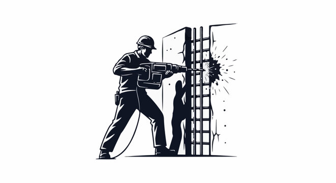 Construction worker drills into concrete pillar creating sparks and dust