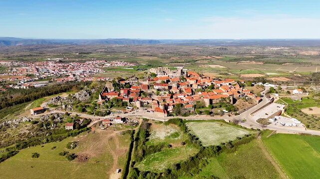 Aerial view of Castelo Rodrigo historic village with stone houses and terracotta rooftops in Castelo Rodrigo, Guarda District, Portugal.