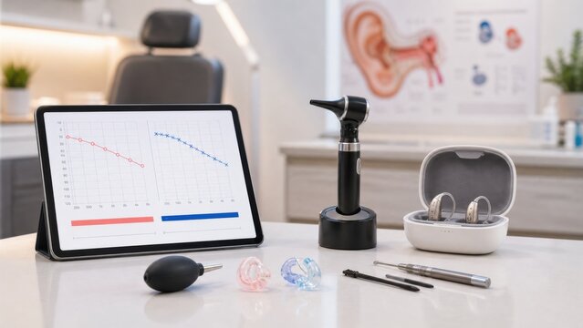 Display of ear care equipment with a tablet showing hearing test results in a medical office setting