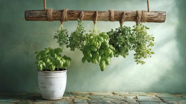Fresh green culinary herbs hanging from a rustic wooden beam above a potted basil plant