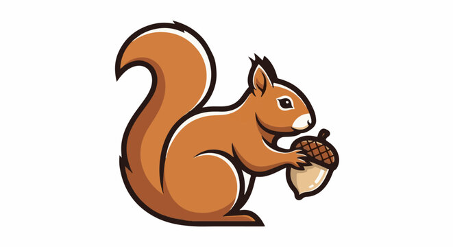 Cartoonish brown squirrel holding an acorn with a fluffy tail
