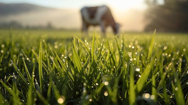Green grass with morning dew and blurry cow in pasture background