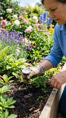 Fototapeta premium Close-up of a gardener measuring ground temperature with a soil thermometer in a blooming garden on a sunny day, sustainable gardening and spring planting concept