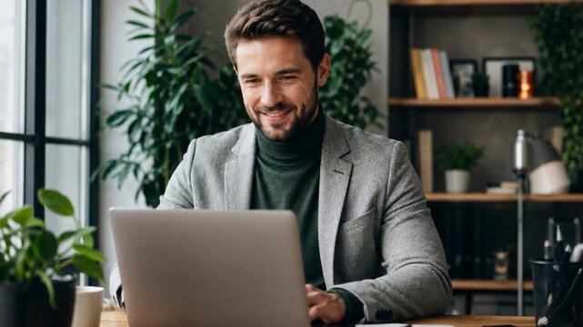 Smiling business man working on laptop at home office.
