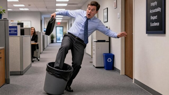 Clumsy Businessman Tripping and Getting Foot Stuck in Trash Can in Office Hallway