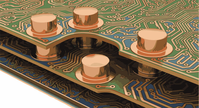 Close-up view of stacked printed circuit boards with copper connectors