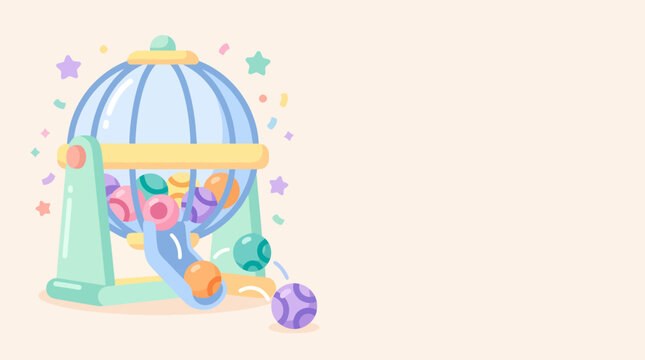 A pastel-colored bingo machine with colorful balls tumbling out, surrounded by confetti and stars.