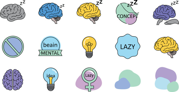 Lazy Brain Vector Set with Sleeping Mind Mental Concept and Thinking Icons