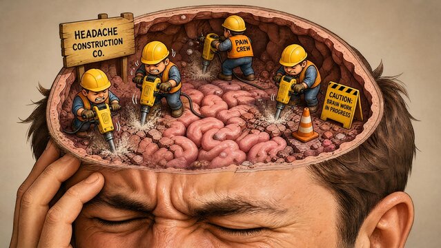 Conceptual Illustration of Severe Migraine Pain with Construction Workers Jackhammering Human Brain