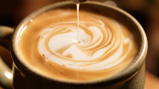 Close-up of a coffee mug with a cinnamon stick stirring milk foam into the coffee, creating a swirling pattern in a cozy indoor setting