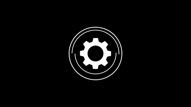 White Rotating Gear or Setting Configuration Vector Icon Animation with Circular Loading Progress Bar on Minimalist Black Background for Technology Interface and Software Progress Projects.