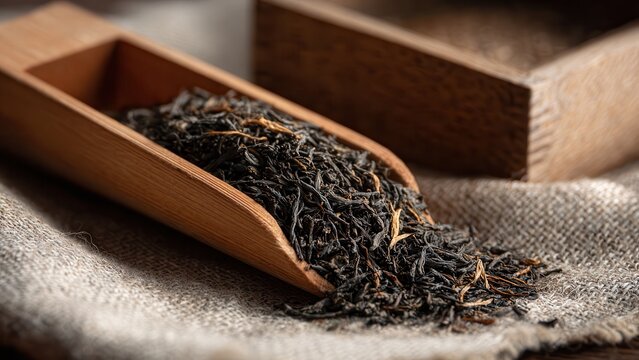 Exquisite dry black tea leaves with golden tips overflowing from a classic wooden scoop onto natural fiber.