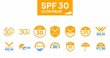 Fototapeta premium Sunscreen SPF 30 protection icon pack displaying UV safety ratings against white background in vector format