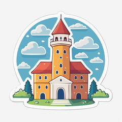 Naklejka premium Cartoon Castle with Tower and Clouds