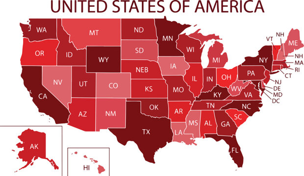 Red vector map of the United States with state abbreviations