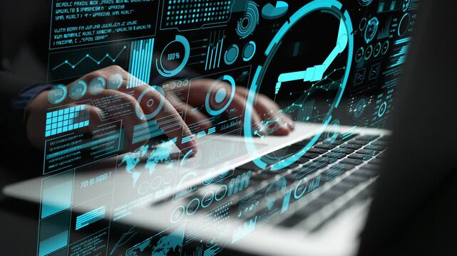 A close-up view of hands typing on a laptop, featuring a transparent digital interface with various data visualizations. Ideal for tech and innovation themes. Cipher