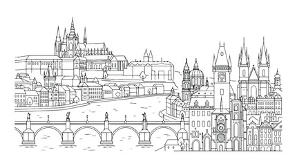 Obraz premium Illustration of a cityscape with a bridge and buildings in a Gothic style against a white background in a line drawing technique.