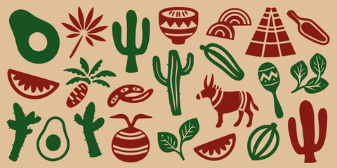mexican food and desert icons in red and green on beige background © Raben