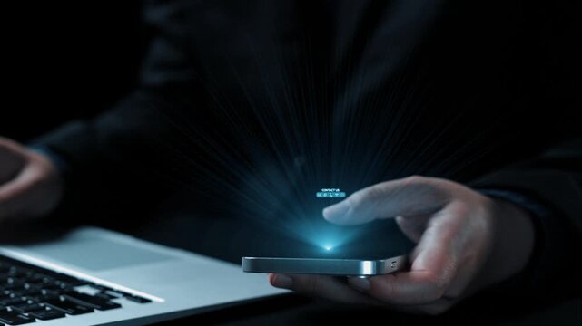 A professional workspace showcasing a hand holding a smartphone with illuminated icons representing contact options and a laptop, highlighting modern communication methods. Qubit