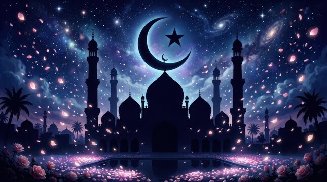 Mystical Fantasy Mosque with Crescent Moon Stars and Northern Lights Digital Islamic Art