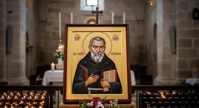 Framed Religious Icon Displayed Among Lit Candles Inside Stone Church