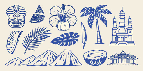 tropical travel icons including a tiki mask and hibiscus © Raben