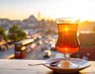 Fototapeta premium Traditional Turkish tea in a glass with sugar on a saucer, set on a rooftop overlooking a vibrant city skyline and historic mosque at golden hour sunset