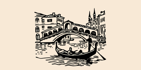 venice canal black ink sketch showing gondolas and bridge © Raben