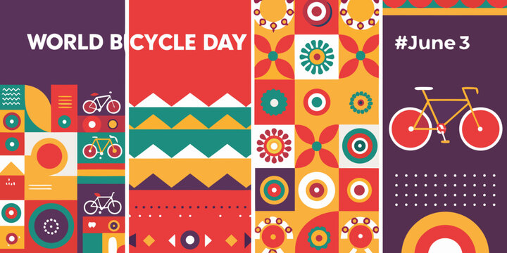 world bicycle day colorful banner with bike icons and patterns