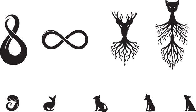 Black cat silhouettes, animal icons, vector graphics, feline illustrations, pet symbols