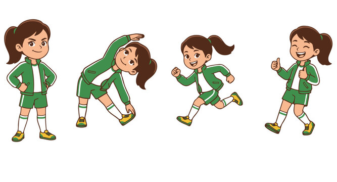 Cute cartoon girl athlete character set showing different exercise and sports poses isolated on white background.